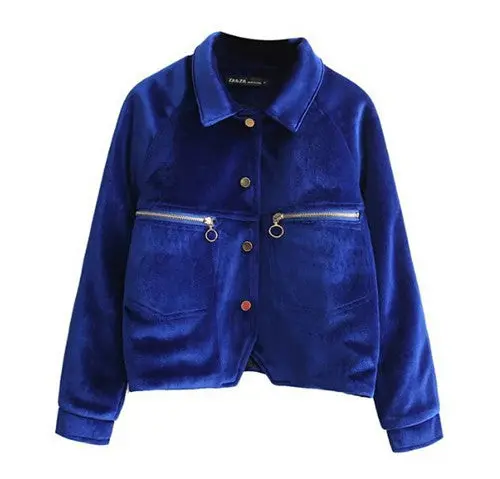 Vintage Zipper Pockets Back Letter Velvet Jacket Woman Lapel Velour Pilot Jacket Short Coat Outerwear Tops Femme 4 Colors 4