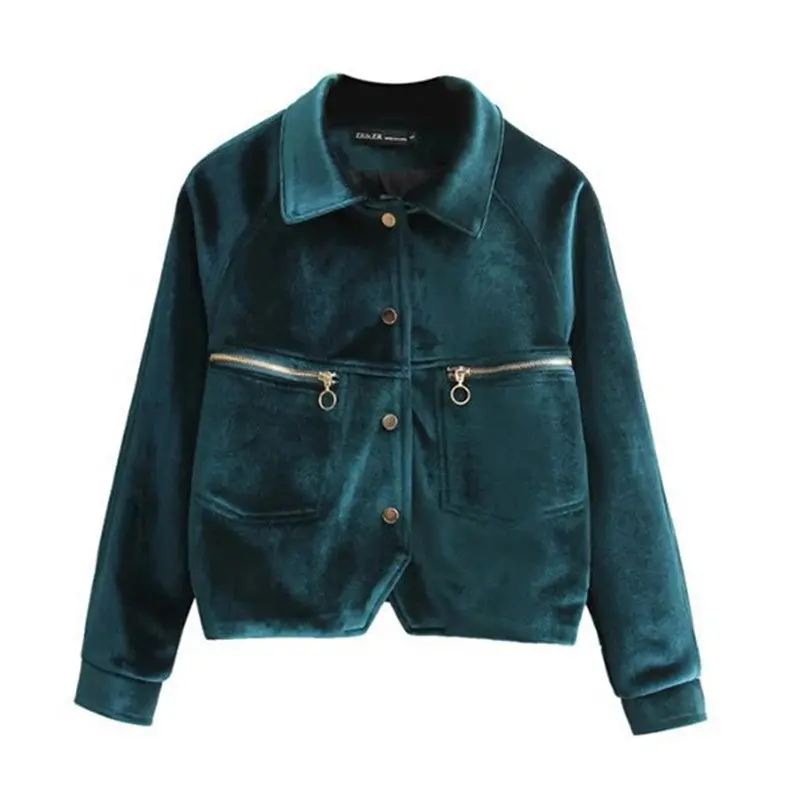 Vintage Zipper Pockets Back Letter Velvet Jacket Woman Lapel Velour Pilot Jacket Short Coat Outerwear Tops Femme 4 Colors 5