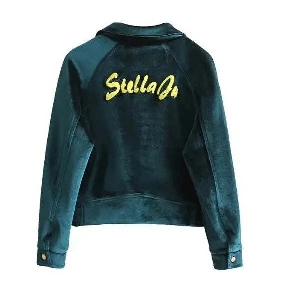 Vintage Zipper Pockets Back Letter Velvet Jacket Woman Lapel Velour Pilot Jacket Short Coat Outerwear Tops Femme 4 Colors 6