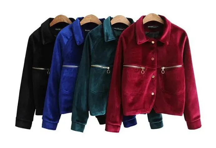 Vintage Zipper Pockets Back Letter Velvet Jacket Woman Lapel Velour Pilot Jacket Short Coat Outerwear Tops Femme 4 Colors 7