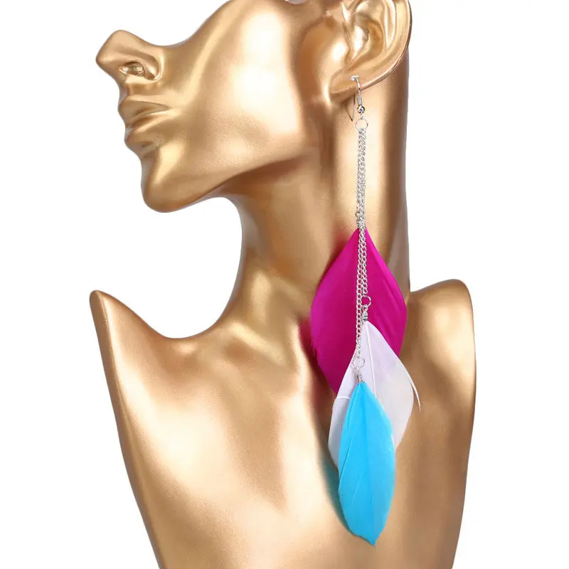 Vogue Exotic Multicolored Charming Three Plumage Tassels Girl Long Earrings Traditional Classical Pattern 2