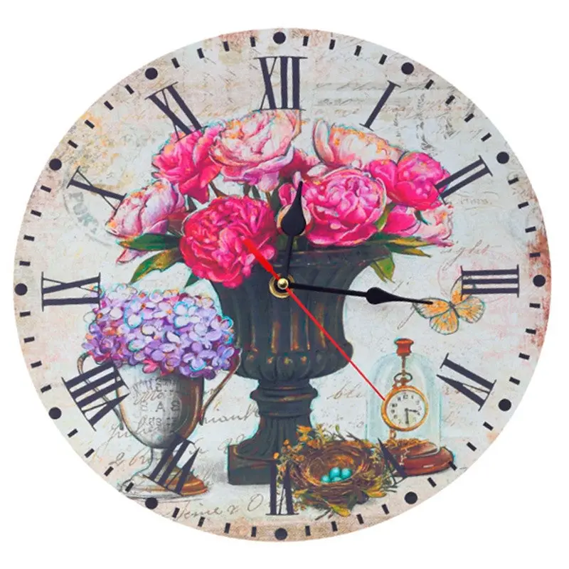 Wall Clock Home Decor Clocks Flower Pattern Watches Wood Metal 89465 1