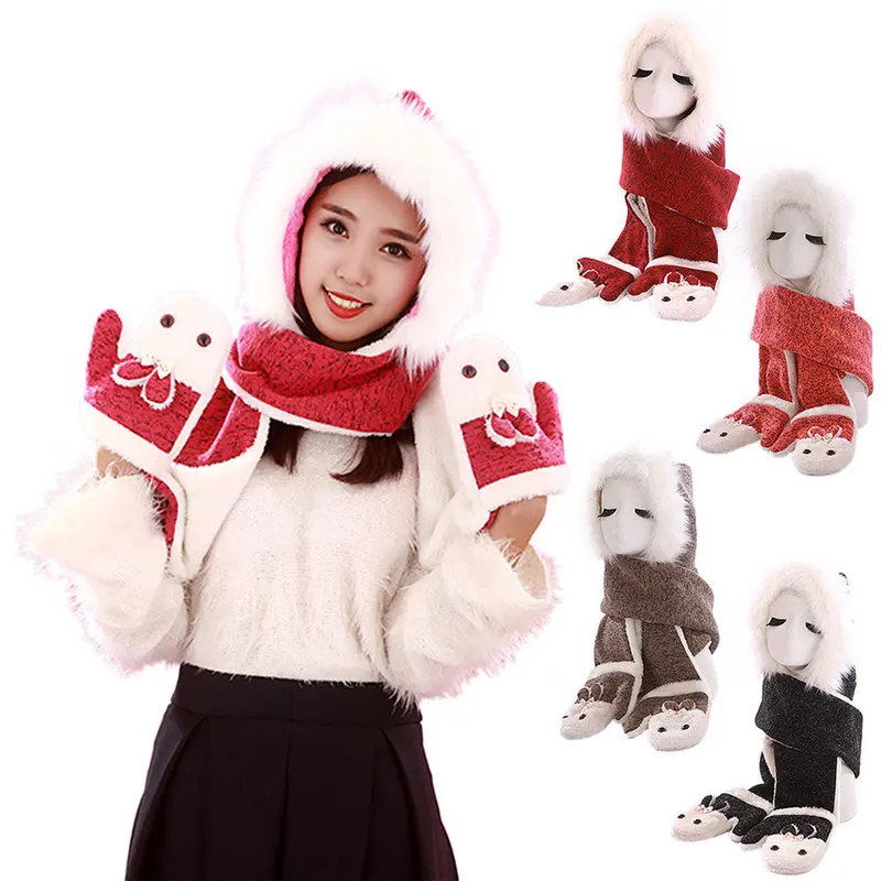 Warm Adult Rabbit Hat Scarf Gloves Three-Piece 1