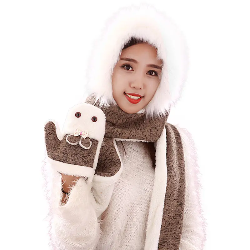 Warm Adult Rabbit Hat Scarf Gloves Three-Piece 3