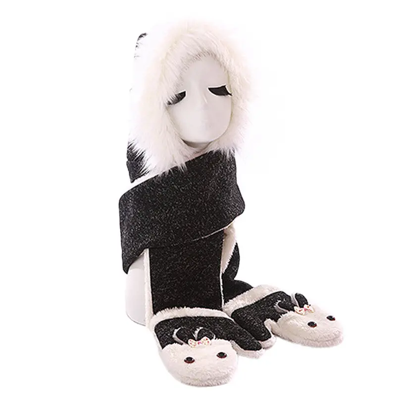 Warm Adult Rabbit Hat Scarf Gloves Three-Piece 4