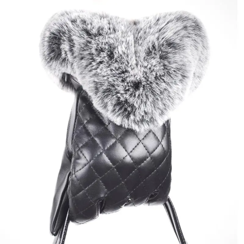 Warm And Elegant Women Full Finger Leather Warm Cashmere Gloves Mittens Screen 1