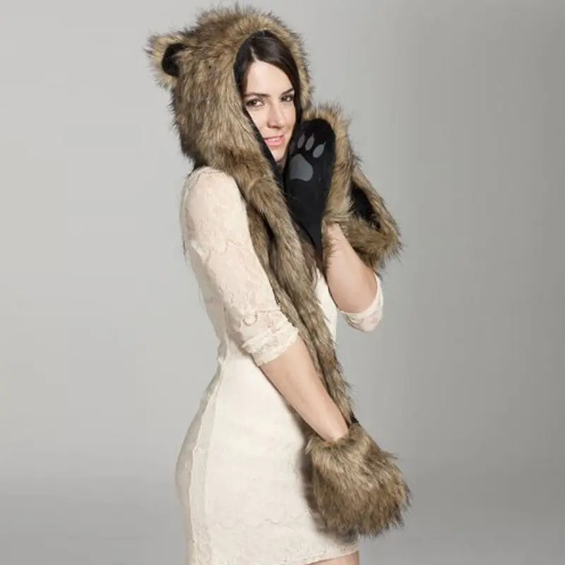 Warm Animal Beanies For Adults Fur Hat Scarf Fluffy Plush Cap Gorro Animal Hood Ear Hood Shawl Glove Animal Hat 1