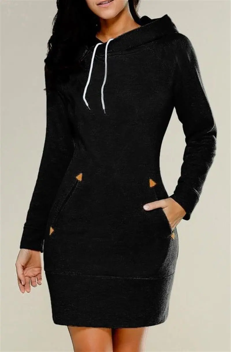 Warm Hooded Dresses Pocket Long Sleeved Casual Mini Dress Sportwear Women Clothings Lx130 1