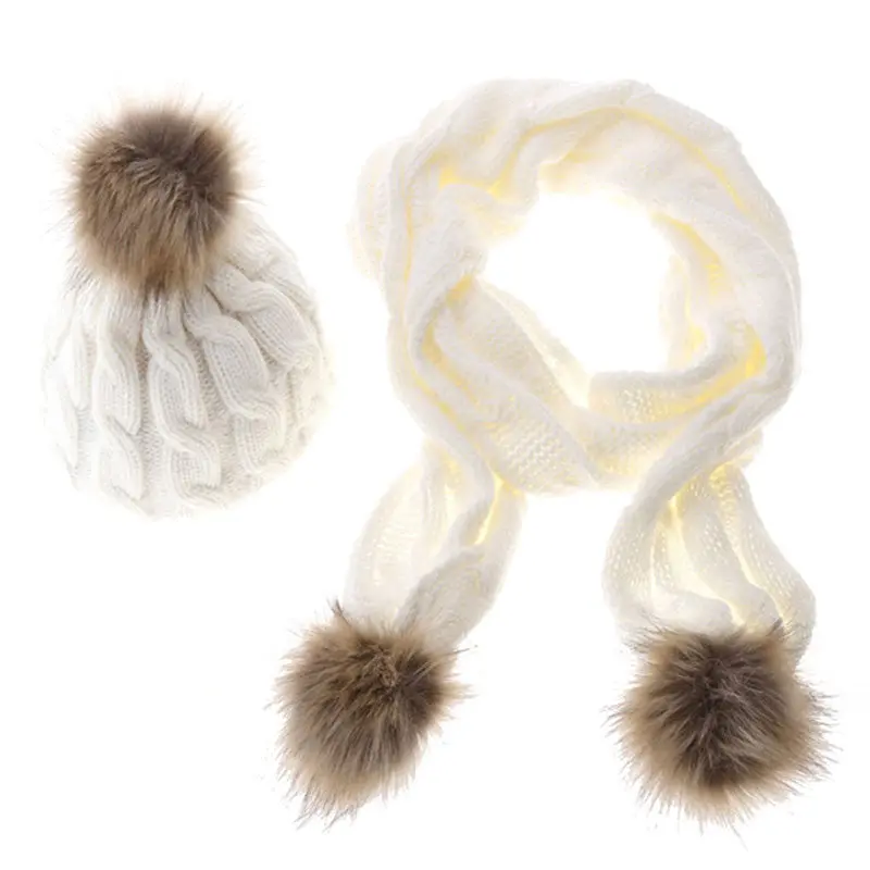Warm Knitted Hat Set Women Thicken Faux Fur Hat Scarf Christmas Gift 2