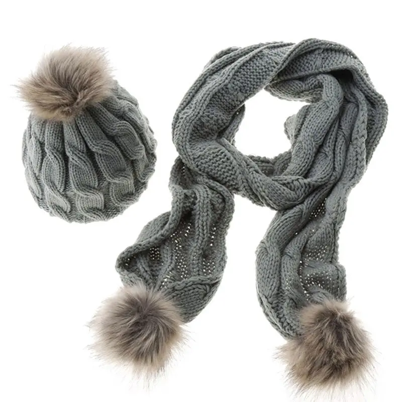Warm Knitted Hat Set Women Thicken Faux Fur Hat Scarf Christmas Gift 3