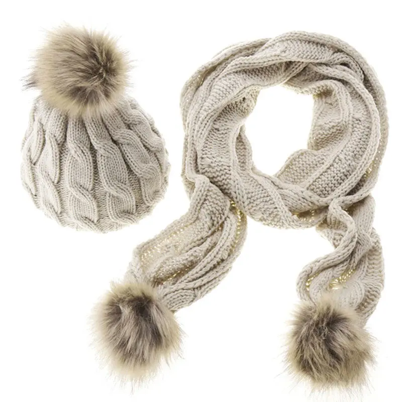 Warm Knitted Hat Set Women Thicken Faux Fur Hat Scarf Christmas Gift 4