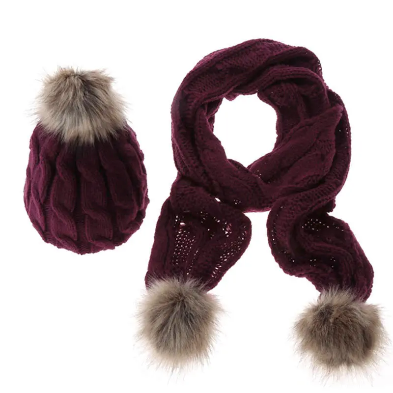 Warm Knitted Hat Set Women Thicken Faux Fur Hat Scarf Christmas Gift 5