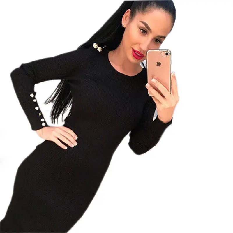Warm Knitted Midi Dress Women Sexy Solid Long Sleeve Package Hip Bodycon Dress Vestidos 5