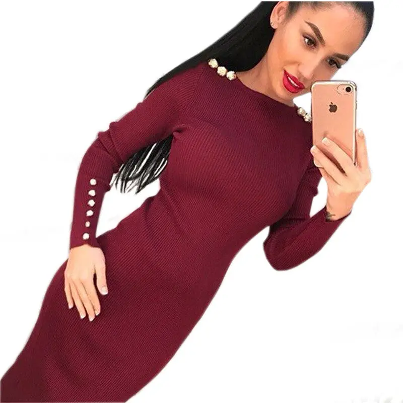 Warm Knitted Midi Dress Women Sexy Solid Long Sleeve Package Hip Bodycon Dress Vestidos 6