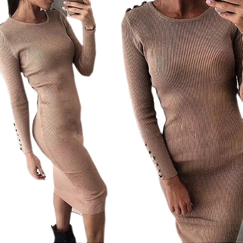 Warm Knitted Midi Dress Women Sexy Solid Long Sleeve Package Hip Bodycon Dress Vestidos 8