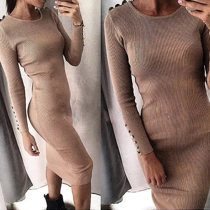 Warm Knitted Midi Dress Women Sexy Solid Long Sleeve Package Hip Bodycon Dress Vestidos 9