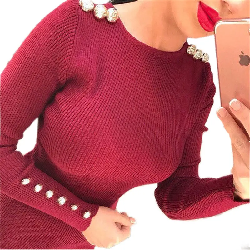 Warm Knitted Midi Dress Women Sexy Solid Long Sleeve Package Hip Bodycon Dress Vestidos 9