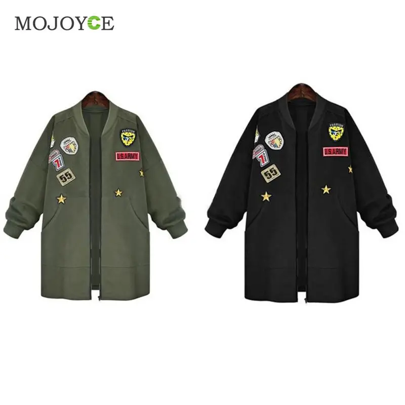 Warm Long Bomber Jacket Women Coat Slim Parka Baseball Jacket Army Green Black Long Overcoat Plus Size 4