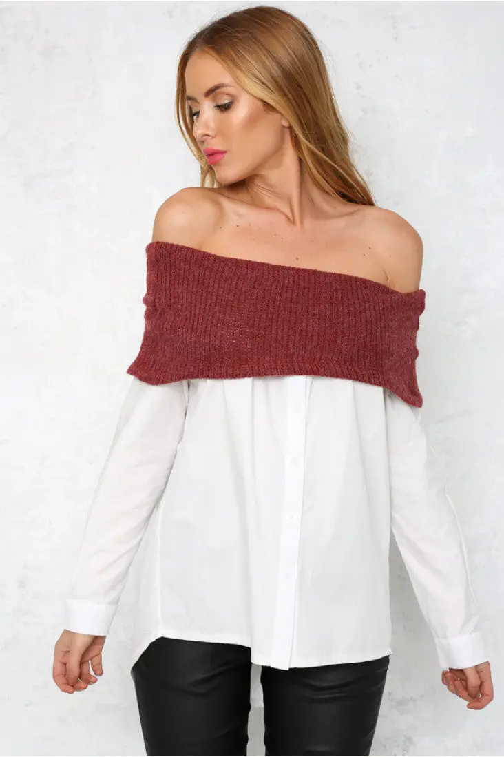 Warm Sexy Slash Neck Contrast Color Long Blouse Slim Knitted Patchwork Tunic Shirts Blusa Women Clothings Lx103 1