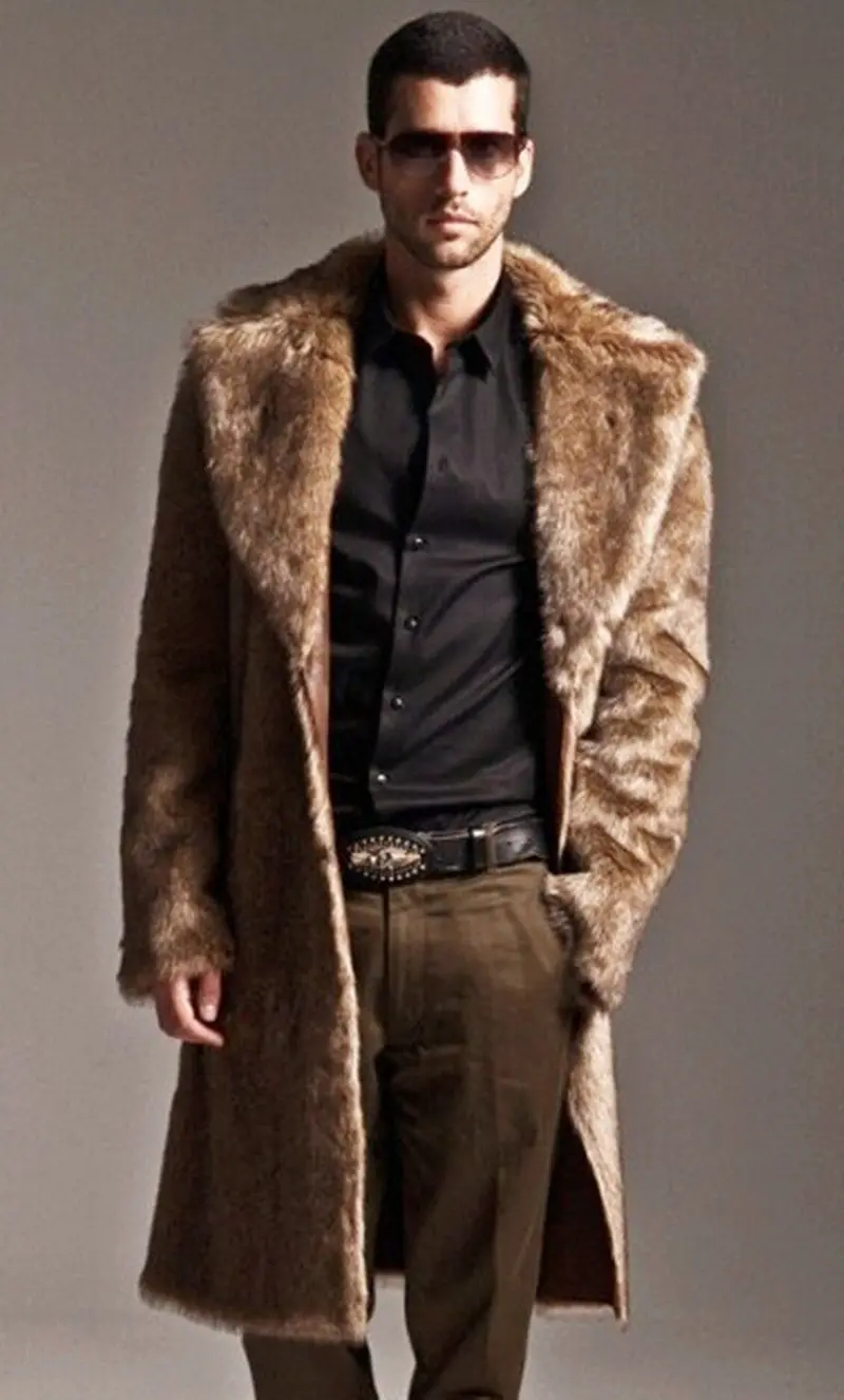 Warm Soft Shaggy Faux Fur Long Trench Men's Trendy Slim Fit Faux Fur Coats For Motorcycle Outerwear Nordic Nights Coat 7