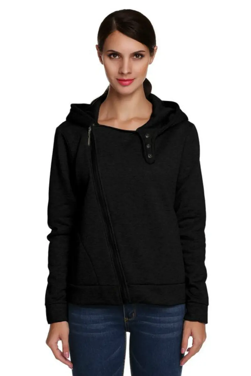 Warm Women Casual Hoodies Diagonal Zipper Long Sleeve Solid Sweatshirts Women Hooded Hoody Tops M0614 1