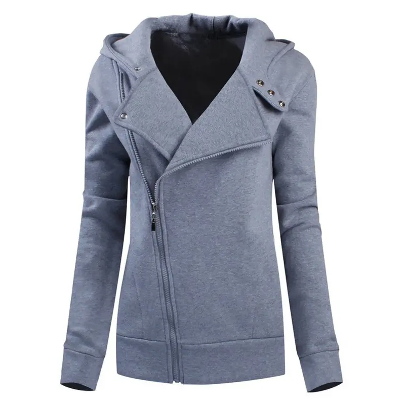 Warm Women Casual Hoodies Diagonal Zipper Long Sleeve Solid Sweatshirts Women Hooded Hoody Tops M0614 5