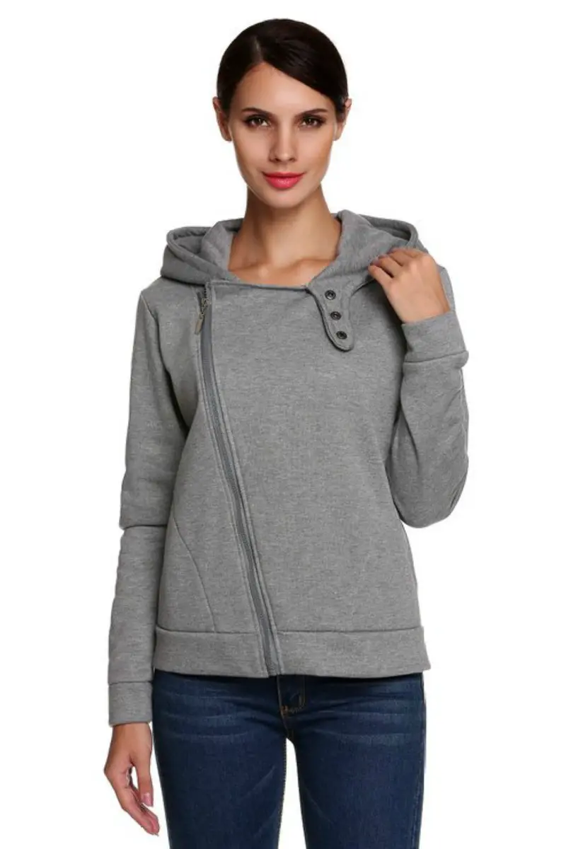 Warm Women Casual Hoodies Diagonal Zipper Long Sleeve Solid Sweatshirts Women Hooded Hoody Tops M0614 9