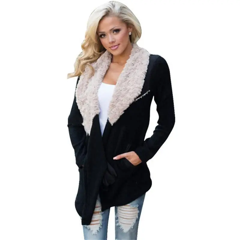 Warm Women Fur Coat Collar Outwear Cardigan Coat Black Full Sleeve Kimono Cardigan Coats Tops Blouse Cover Up 1