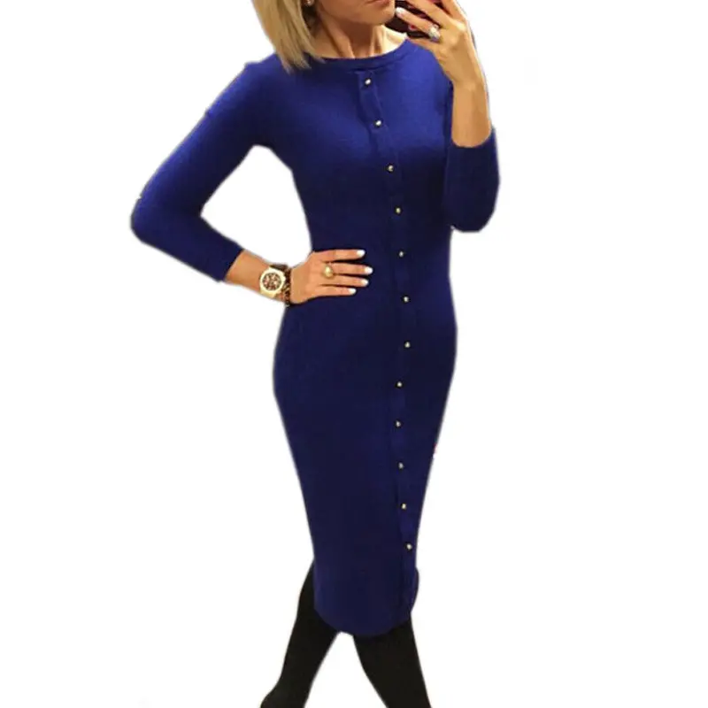 Warm Women Knitted Mid-Calf O-Neck Dresses Package Hip Sheath Bodycon Dress With Buttons 7