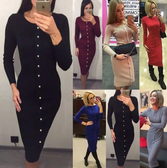 Warm Women Knitted Mid-Calf O-Neck Dresses Package Hip Sheath Bodycon Dress With Buttons 8