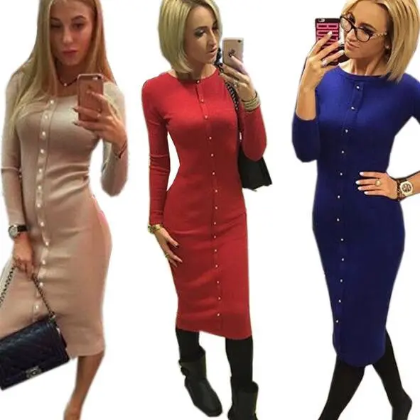 Warm Women Knitted Mid-Calf O-Neck Dresses Package Hip Sheath Bodycon Dress With Buttons 9