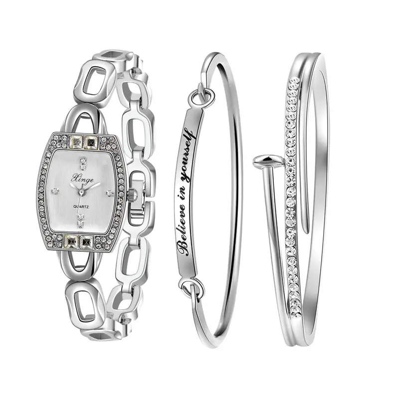 Watch Business Luxury Silver Rhinestone Bangle Watch Watches For Women And Bracelet Set 592S Feida 1