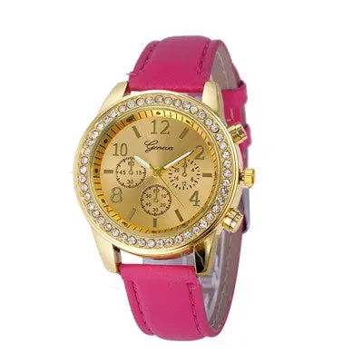 Watch Elegant Faux Chronograph Quartz Rhinestone Classic Pu Leather Clock Round Women Crystals Watches Reloj 4