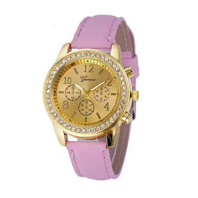 Watch Elegant Faux Chronograph Quartz Rhinestone Classic Pu Leather Clock Round Women Crystals Watches Reloj 5