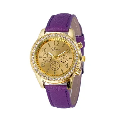 Watch Elegant Faux Chronograph Quartz Rhinestone Classic Pu Leather Clock Round Women Crystals Watches Reloj 6
