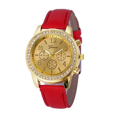 Watch Elegant Faux Chronograph Quartz Rhinestone Classic Pu Leather Clock Round Women Crystals Watches Reloj 7