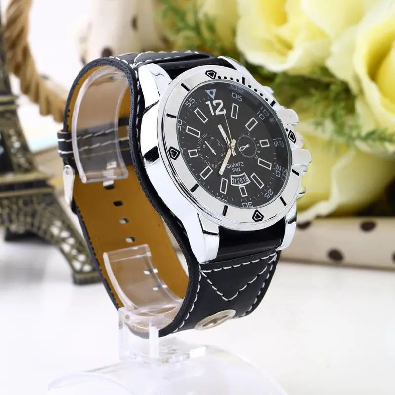 Watch Large Dial Watch Face Wide Bandboy Wristwatch Pu Leather Stainless Steelworldwise 1