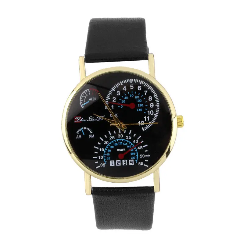 Watch Meter Mirror Round Dial Pu Leather Strap Wrist Watch 1