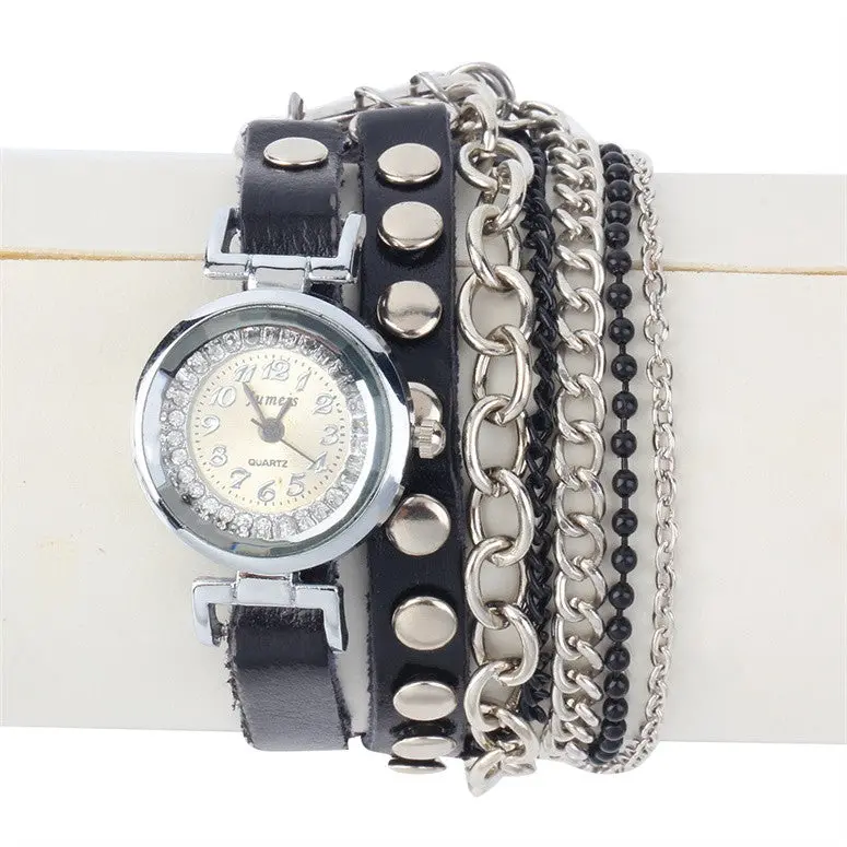 Watch With Quality Leather Watchband Metal Chain Round Dial Watch Relogio Feminino 1