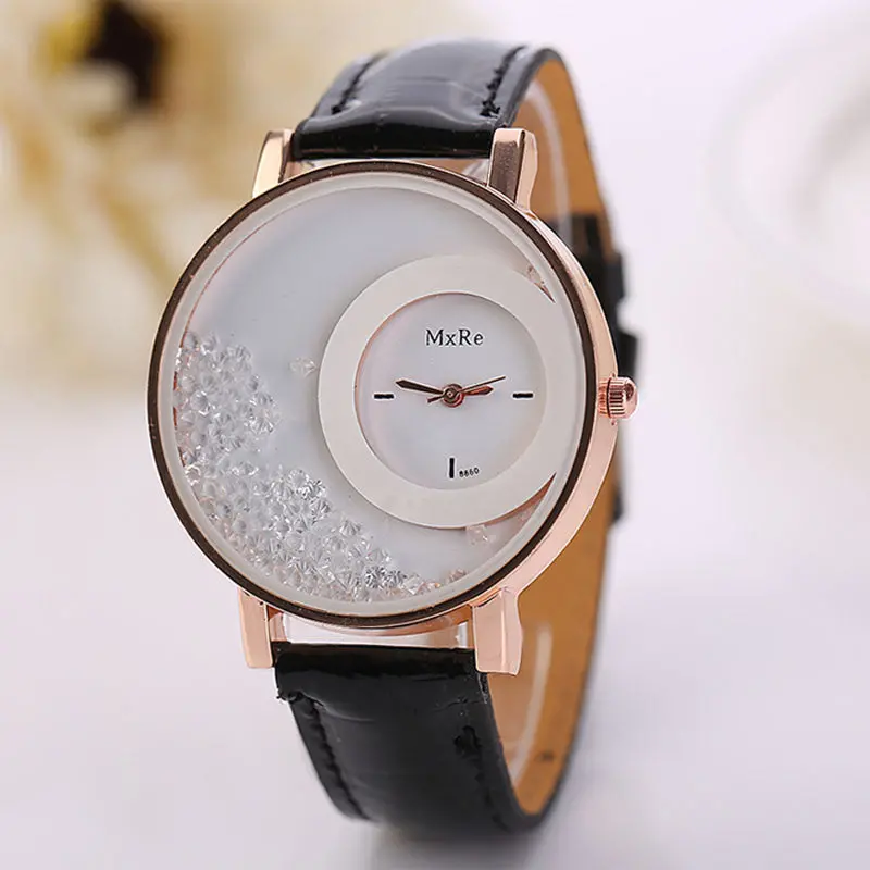 Watch Woman Leather Quicksand Watch Beauty Dress Clocks Rhinestone Quartz Reloj Bracelet Wristwatch 7 Candy Color 1
