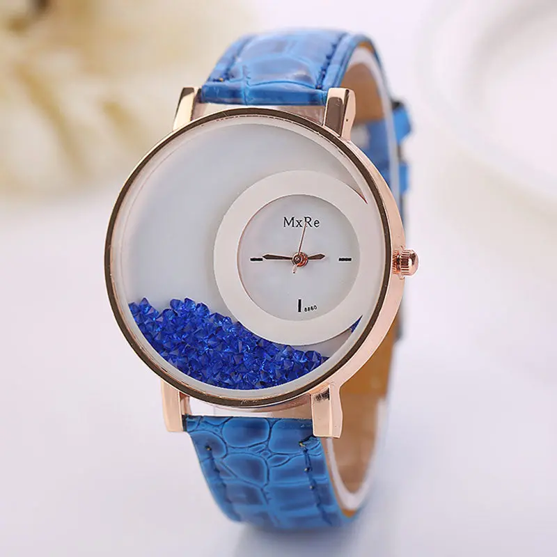 Watch Woman Leather Quicksand Watch Beauty Dress Clocks Rhinestone Quartz Reloj Bracelet Wristwatch 7 Candy Color 3