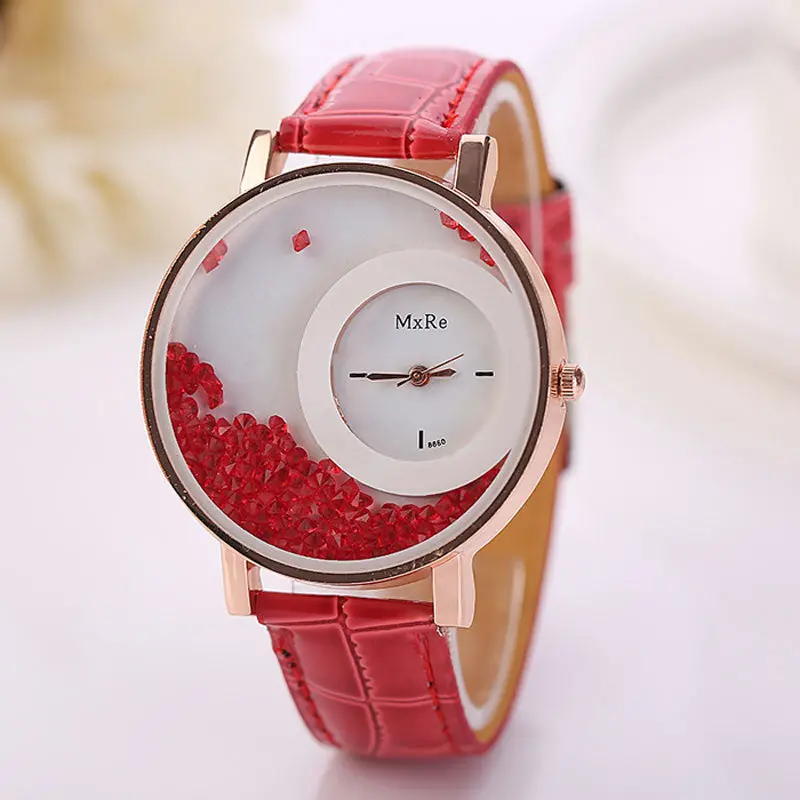 Watch Woman Leather Quicksand Watch Beauty Dress Clocks Rhinestone Quartz Reloj Bracelet Wristwatch 7 Candy Color 4