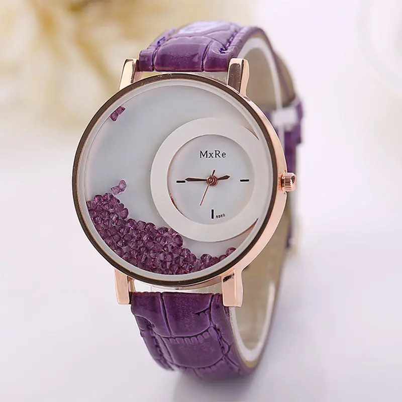 Watch Woman Leather Quicksand Watch Beauty Dress Clocks Rhinestone Quartz Reloj Bracelet Wristwatch 7 Candy Color 5
