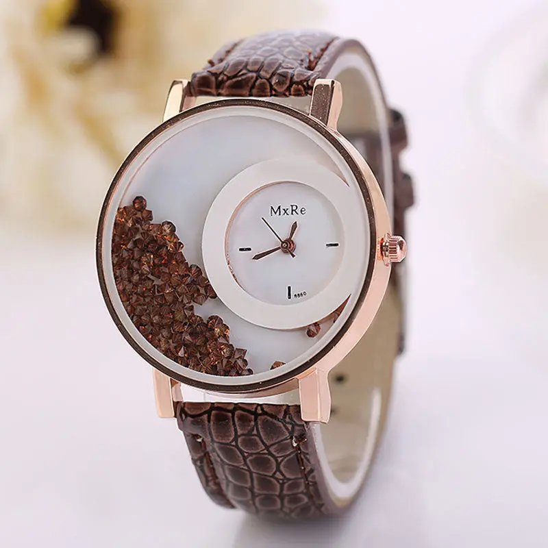 Watch Woman Leather Quicksand Watch Beauty Dress Clocks Rhinestone Quartz Reloj Bracelet Wristwatch 7 Candy Color 6
