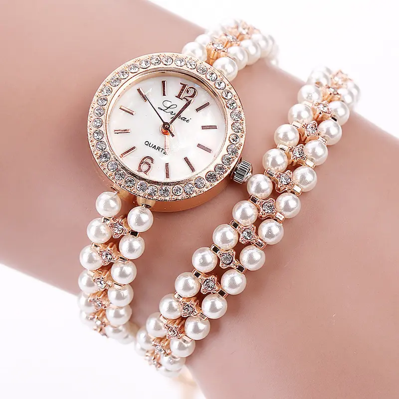 Watch Women Crystal Rhinestone Bracelet Wristwatches Women Dress Vintage Clock Quartz Pearl Gold Relojes 1