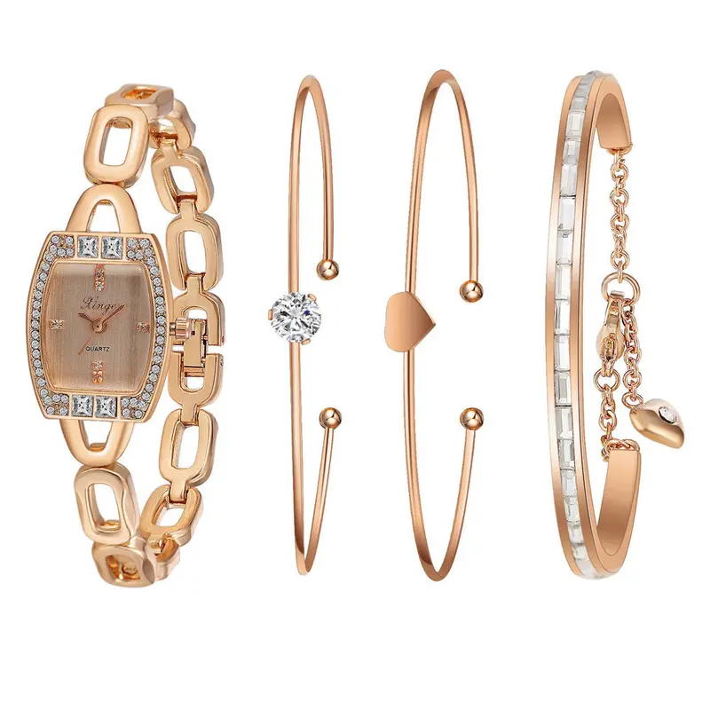 Watch Women Famous Watches Gold Rhinestone Love Bangle Watch And Bracelet Set 592R Feida 1