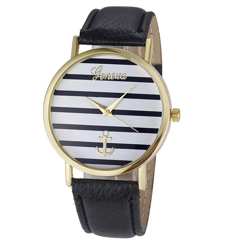 Watch Women Geneva Watches Striped Anchor Print Simple Analog Quartzwatch Leather Band Hour Mujer Top 1