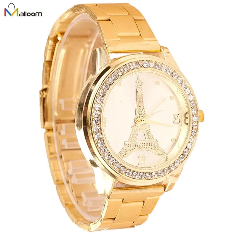 Watch Women Gold Clock Rhinestone Crystal Bracelet Quartz Relogio Feminino Classic Iron Tower Round Watches 2
