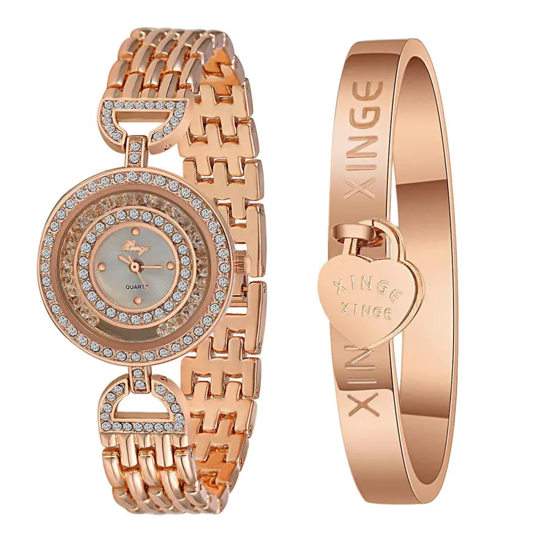 Watch Women Gold Rhinestone Love Bangle Watch And Bracelet Set 593R Gifts For Women Feida 1