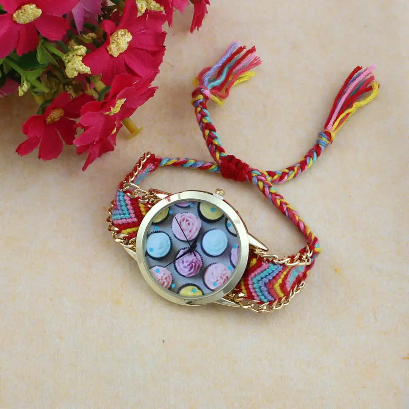 Watch Women Ice Cream Pattern Print Girls Watch National Wind Weaved Bracelet Quartz Watch Relogio Reloj Mujer Hours 1